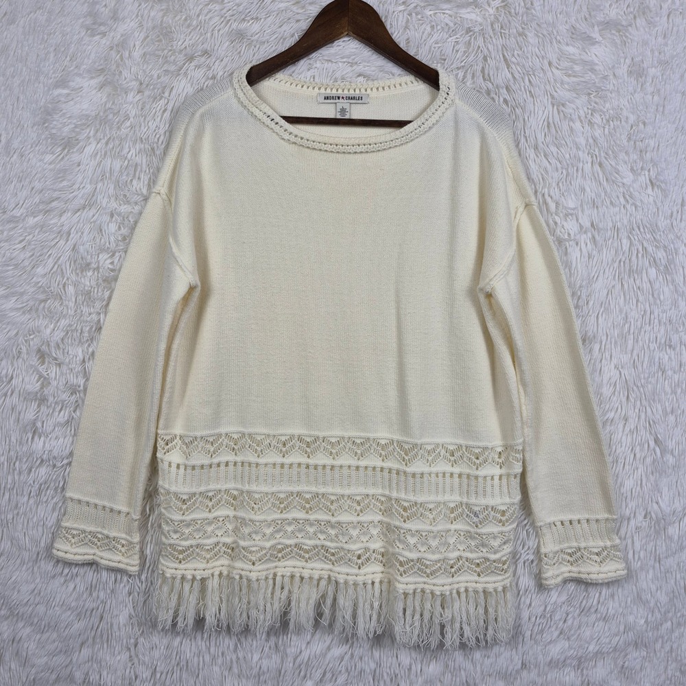 Andrew‎ Charles Cream Crochet Fringe Hem Sweater Womens Large Boho Indie